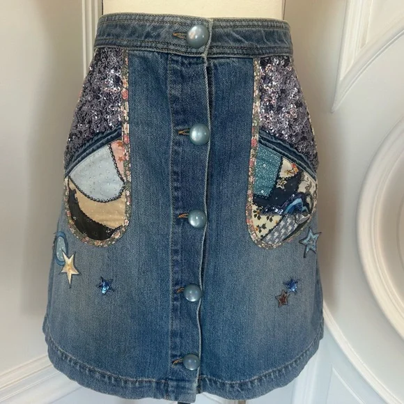 Coach Blue 100% Cotton Denim Patchwork ButtonUp Skirt Sequin Embroidery (Size 4) - Picture 3 of 13